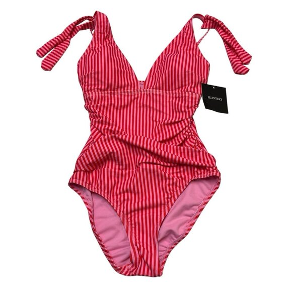 Ellen Tracy Swimsuit Womens 8 Pink Red Ribbed Striped One Piece Tie Shoulders - Picture 1 of 7